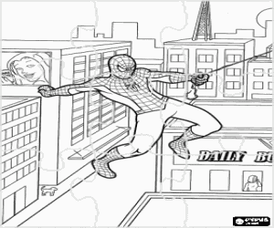Puzzle of Spiderman leaping between the buildings in the city swinging with his spider web coloring page