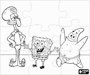 Puzzle of SpongeBob SquarePants and his friends Patrick Star and Squidward Tentacles coloring page