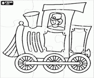 Puzzle of steam locomotive with machinist coloring page