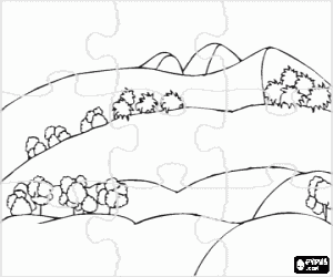 Puzzle of succession of rolling hills with some trees coloring page