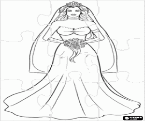 Puzzle of The bride on the wedding day with the long dress, veil with tiara and bouquet coloring page
