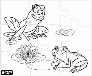 Puzzle of The frog Tiana listening the love songs of frog Naveen in the pond  coloring page