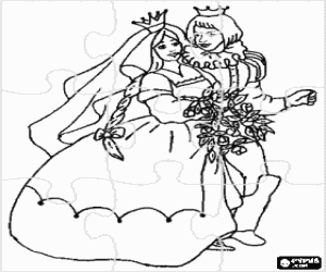 Puzzle of the prince and the princess with their crowns in the bridal procession after the royal wedding coloring page