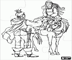 Puzzle of the prince with his sword in the belt to help the princess get off the horse coloring page