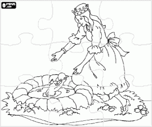 Puzzle of the princess playing in the pond with the prince turned into a frog, both with their crowns coloring page