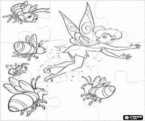Puzzle of Tinkerbell flying surprised to see a group of fireflies coloring page