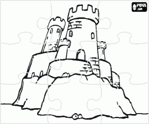 Puzzle of towers with battlements or merlons of a castle that rests on the rocks coloring page