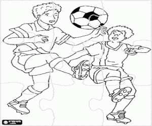 Puzzle of two football or soccer players disputing the ball coloring page