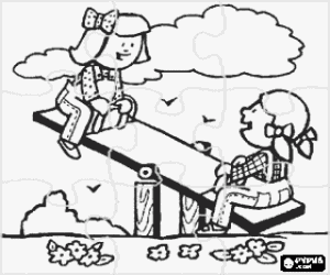 Puzzle of Two girls playing with a seesaw or teeter-totter in the park coloring page