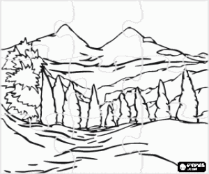 Puzzle of two mountains with a foreground of trees coloring page
