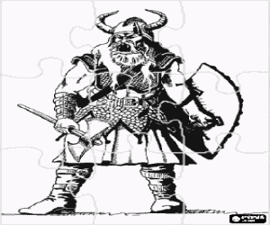 Puzzle of viking armed with an ax and a shield coloring page