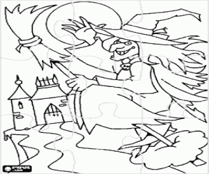 Puzzle of wicked witch or evil witch in her magic broom flying toward the castle on a full moon night coloring page