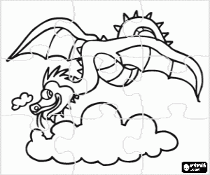 Puzzle of Winged dragon flying among the clouds coloring page