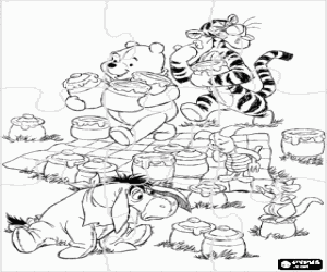 Puzzle of Winnie the Pooh and his friends at a picnic in the countryside, are all food jars of honey coloring page