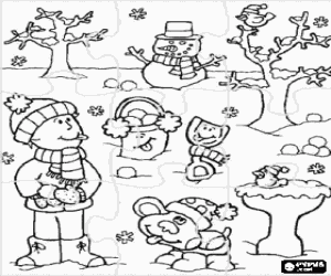 Puzzle of Winter landscape with child, dog and snowman, all well-sheltered coloring page