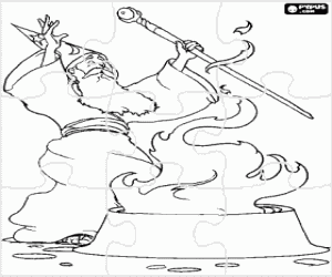 Puzzle of Wizard or sorcerer with the magic fire with the wand and the hat-shaped cone coloring page
