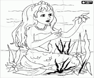 Puzzle of Young siren or mermaid picking flowers from the seabed coloring page