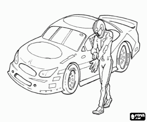 Rally driver with his vehicle ready for competition coloring page