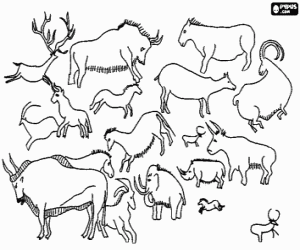 Rock paintings representing the animals they hunted coloring page