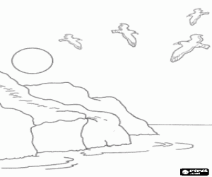 Rocks on the seashore with seagulls flying coloring page