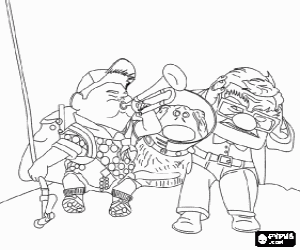 Russell playing trumpet alongside Carl and Dug in one of their adventures coloring page