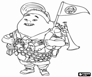 Russell, the adventurer with his backpack filled with everything needed coloring page