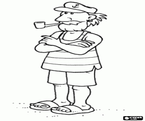 Sailor with his cap and his pipe in his mouth coloring page