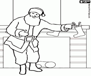 Santa Claus putting gifts in stockings hanging in the fireplace coloring page