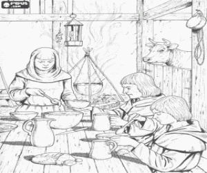 Scene from inside the house of a humble family of peasants to lunch coloring page