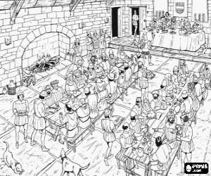 Scene of a medieval dinner in the salon of the palace or castle with the performance of the jester and the musicians in front of the main table coloring page