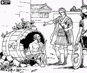  Scene of the conversation between the Greek philosopher Diogenes of Sinope, within his barrel, and Alexander the Great, accompanied by a soldier, on the streets of Athens coloring page