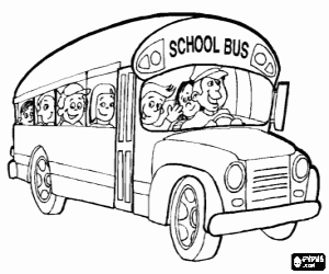 School bus full of kids excited to go to school coloring page