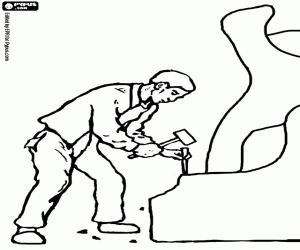 Sculptor working in a big sculpture with chisel and hammer coloring page