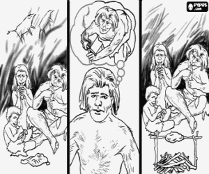 Sequence of the discovery of fire, inside the cave a family eating raw meat and after eating roasted meat coloring page