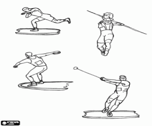 Shot Put, discus throw, javelin throw and hammer throw coloring page