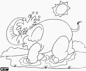 Shower of the elephant - Elephant that refreshes with the water of a pond under the sun of the savannah coloring page