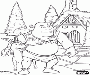 Shrek and Donkey, two friends walking through the town coloring page
