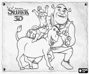 Shrek and his friends, Donkey and Puss in Boots coloring page