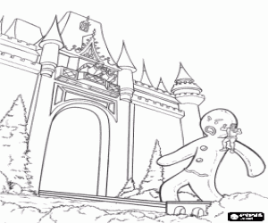 Shrek and his friends try to enter the castle with the help of a giant cookie, a large gingerbread man coloring page