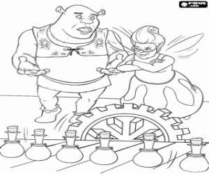 Shrek talking to the Fairy Godmother about magic formula "Happily Ever After" coloring page