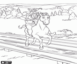 Shrek, transformed into a handsome young man, riding Donkey, become a beautiful white horse coloring page
