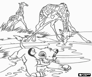 Simba exploring the savannah, with giraffes in the stream coloring page