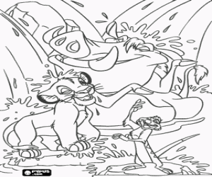 Simba playing with the water with his new friends, Pumbaa and Timon coloring page