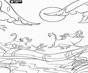 Simba walking with his friends Pumbaa and Timon coloring page