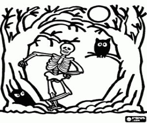Skeleton and owl in the woods with a full moon on the night of Halloween coloring page