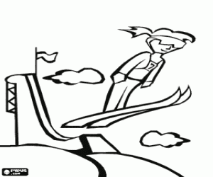 Skier in mid-flight by jumping from a trampoline coloring page