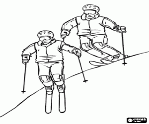 Skiers making a descent on a steep track coloring page