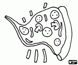 Slice of pizza, baked flat bread covered with cheese and other ingredients, original of the Neapolitan cuisine coloring page