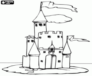 Small castle with a tall tower with flag coloring page