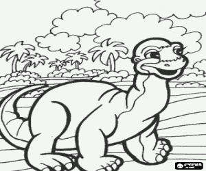 Small dinosaur taking a walk near some palm trees coloring page